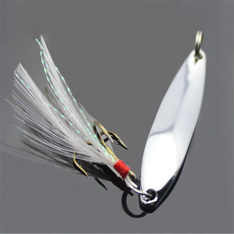 1pcs 금속 장식 조각 낚시 미끼 5g/7g/10g/18g/21g 슬리버 스푼 스피너 깃털 낚시 태클과 하드 미끼 트레블 후크