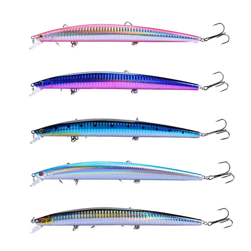Mejor venta 1 piezas 18 cm 24g largo pescado Minnow mar cebo de pesca señuelo 3D ojos fuerte ganchos señuelos para pesca en el mar