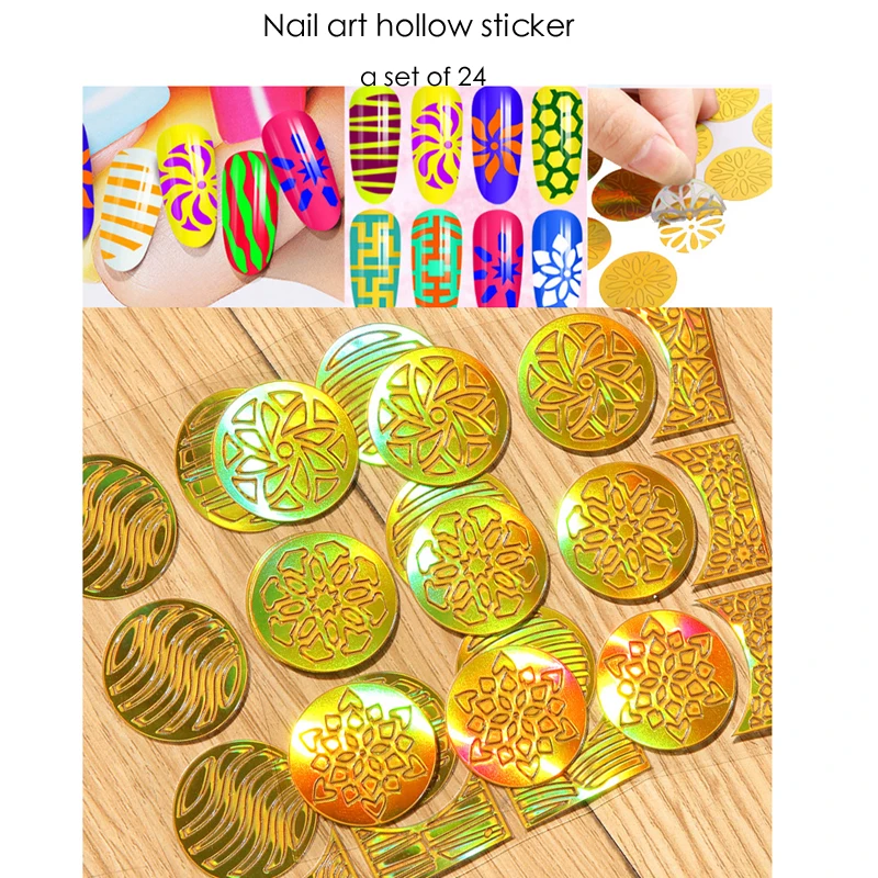 New 24 Sheets/Pack Round Laser Hollow 3D Nail Stickers Stencils,French Style Nail Art Creative Hollow Golden Template Design