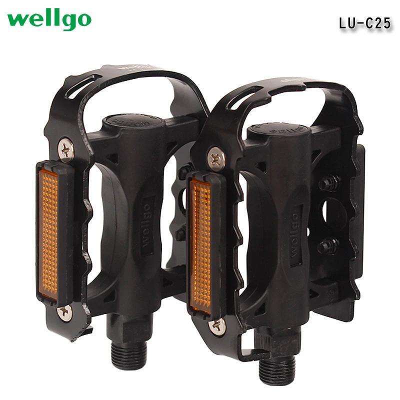 Wellgo-Road Bike Pedals, Semi-Aluminum Alloy, Ball Bearing, MTB Mountain Bicycle Pedal Parts with Reflector, LU-C25