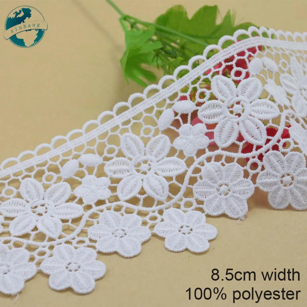 3yards 8.5cm white polyester embroidery sewing ribbon guipure lace trim fabric warp knitting DIY Garment Accessories #3697