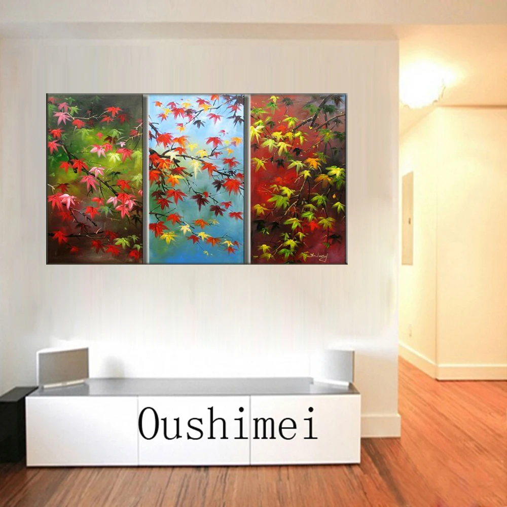 Calligraphy and Painting Handmade Modern Abstract Flower 3 Pieces Maple Leaf Oil Painting on Canvas Wall Acrylic Picture Art