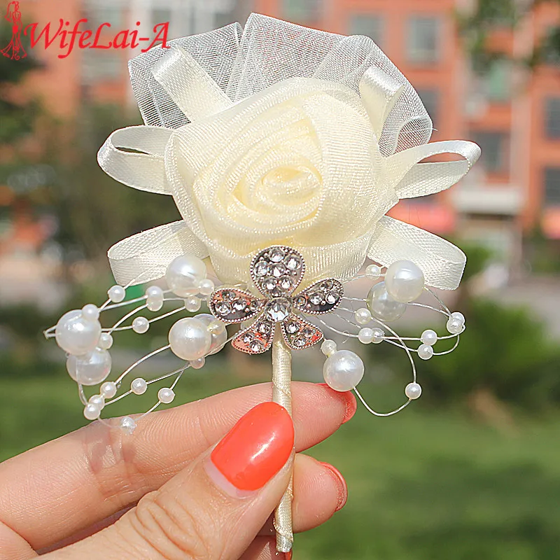 In Stock Hot Sale 1pcs/lot Ivory Wedding Corsages Boutonniere Groom Diamond Crystal Wedding Flowers Pearl Beaded Brooch Flowers