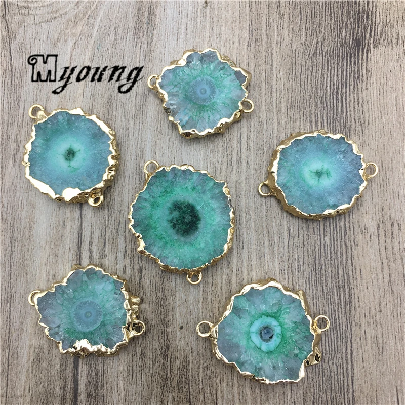 

Sun Flower Shape Green Crystal Quartz Druzy Slice Connector Charm,Natural Stalactite Stone Slab Pendant For DIY Jewelry MY2031