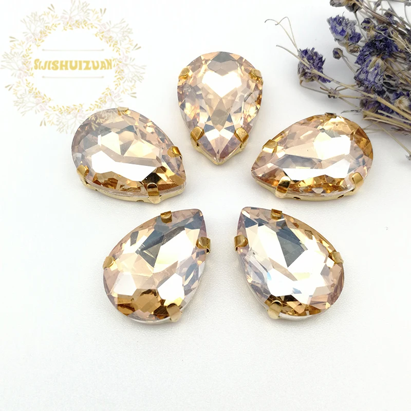 Glitter Champagne Water Drop Shape Drill All Sizes Glass Crystal Sew On Rhinestones Gold Bottom Claw Diy Shoes Accessories