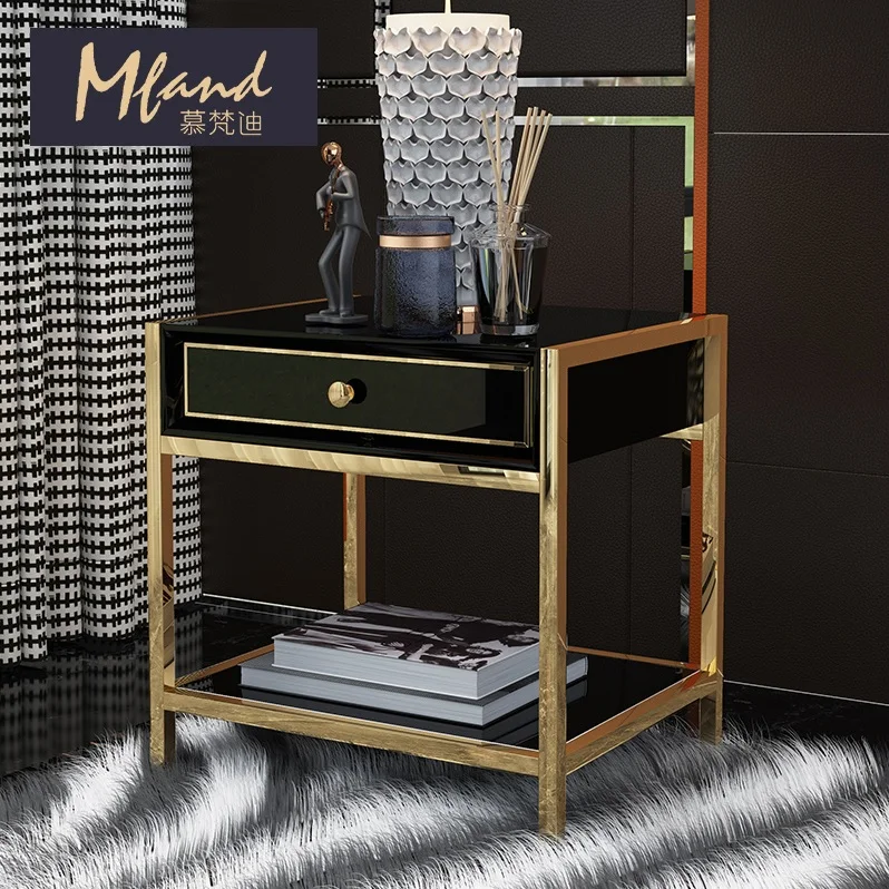 50cm High Night Stands / Black and Golden / Bedside Table Stainless Steel with Golden Varnish