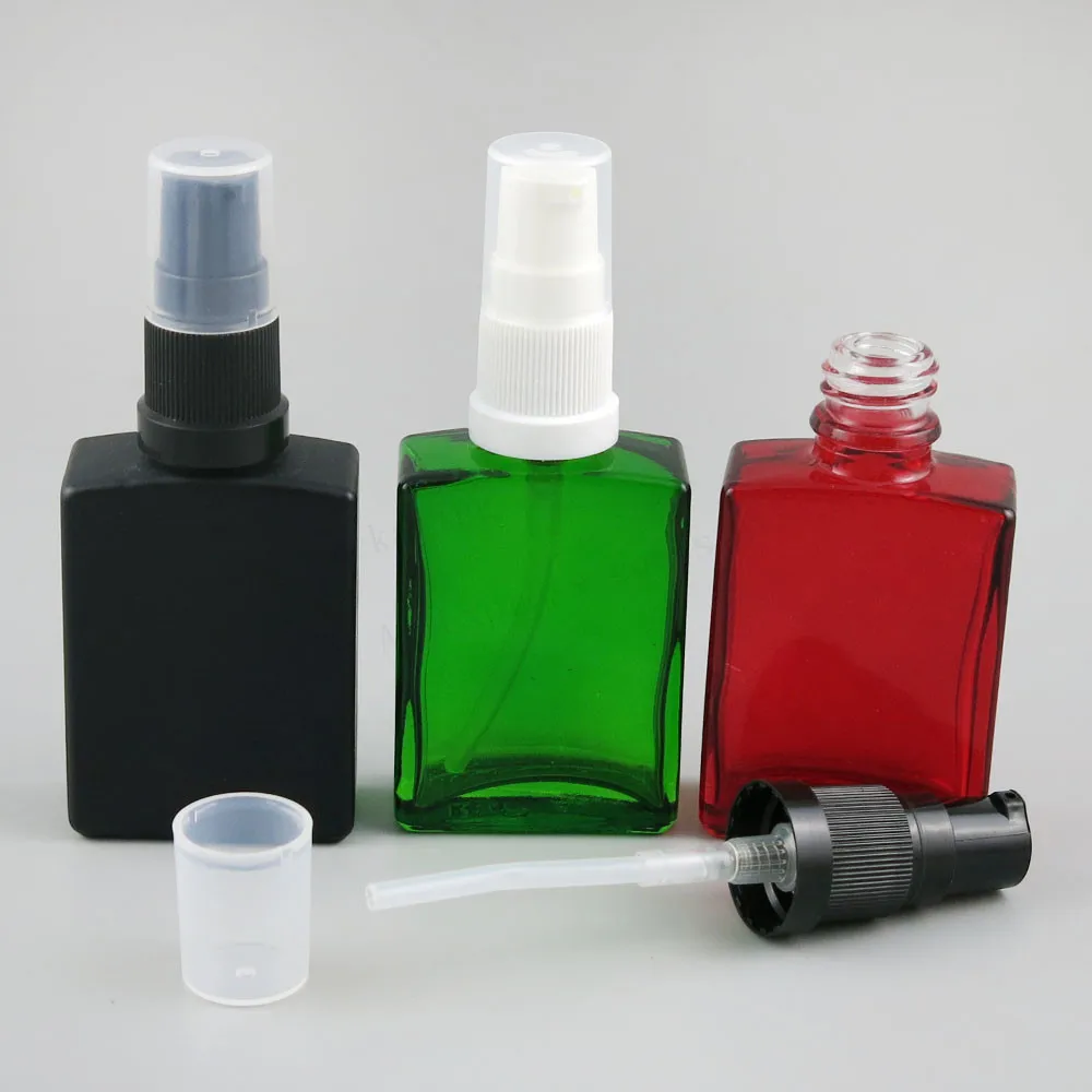 12 x 30ml  1oz Square Flat Black white clear red blue green Glass Bottle With White Black Plastic Pump