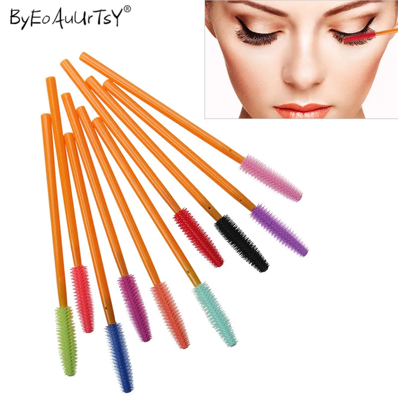 

50pcs Orange Handle Silicone Eyelash Brushes Mascara Wands Applicator Comb Spoolers Disposable Cosmetic Makeup Tools