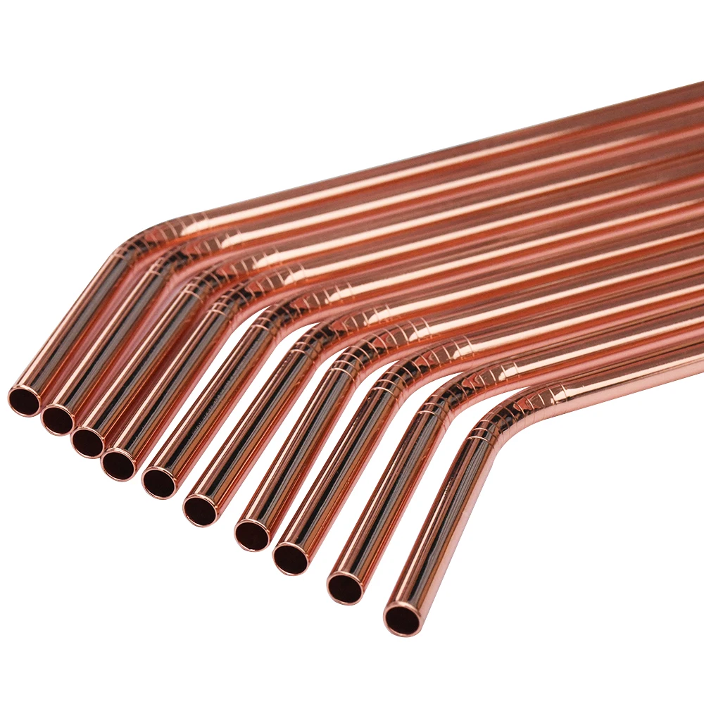 WOWSHINE New 10pcs/lot Shiny Rose Gold Color Stainless Steel Drinking Straws Rust Free Dia 6mm Bent with Gift 2 Brushs 260MM