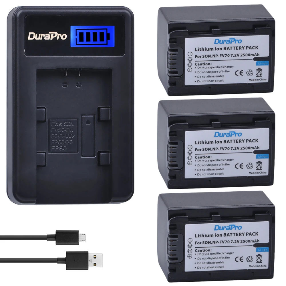 DuraPro 3pc NP-FV70 NP FV70 2500mAH Battery & LCD USB Charger for Sony NP-FV50 FV30 HDR-CX230 HDR-CX150E HDR-CX170 CX300 Z1