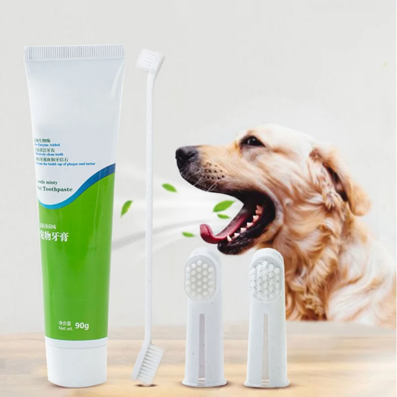 Pet Toothpaste Set Fun Dog Toothpaste Toothbrush 4 Piece Set Cleaning Supplies Tool Edible Dog Toothpaste Beef Flavor