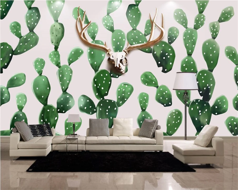 

Beibehang Custom wallpaper living room bedroom murals hand painted Nordic style deer head cactus TV background wall 3d wallpaper