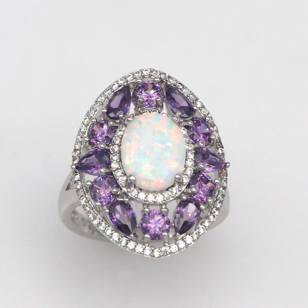 JLR-1786  Women's oval opal rings with white opal surrounded by purple zircon rings ladies fashion jewelry