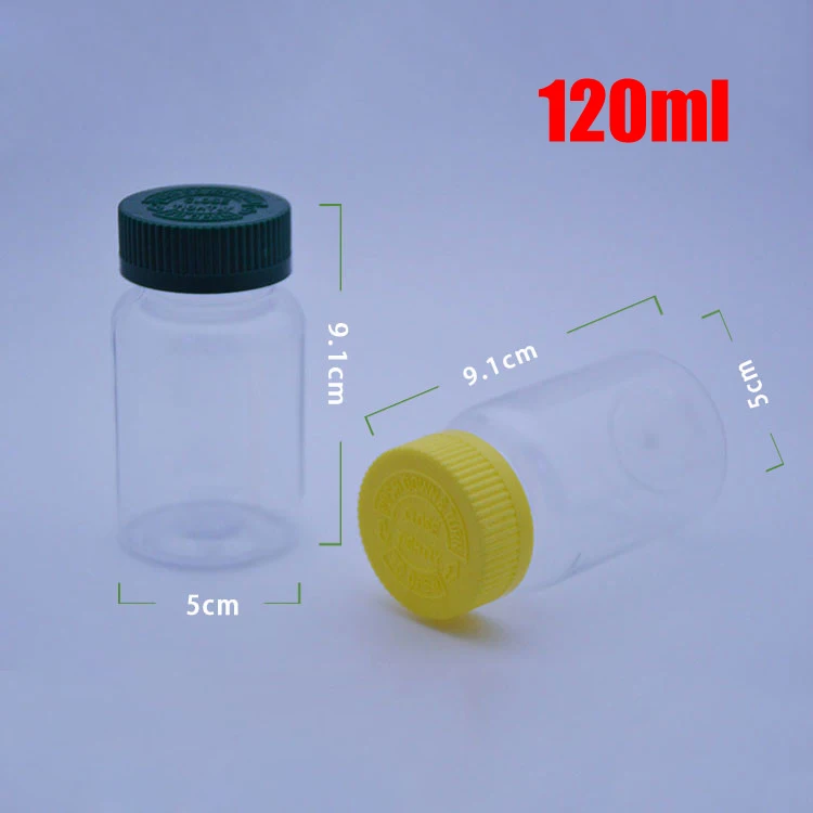 

100pcs 120ml Transparent Child-proof PET Bottles,Capsules/Pills/Powder/Vitamin Plastic Bottles--Green/Yellow Push to Unscrew Cap