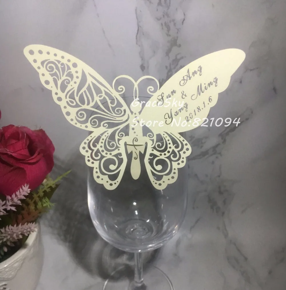 50pcs/lot Free Shipping Hollow out  Butterfly Shape Place name Seat Cup Card Wedding Invitation glass Cards text personalized