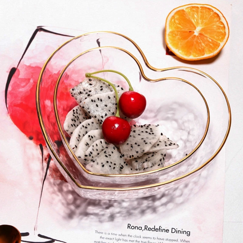 Heart Shape Bowls and Cup Set, Clear Glass, Food, Salad, Oats, Fruit, Dessert, Snack, Water, Milk, Tea Cup, Japanese Style