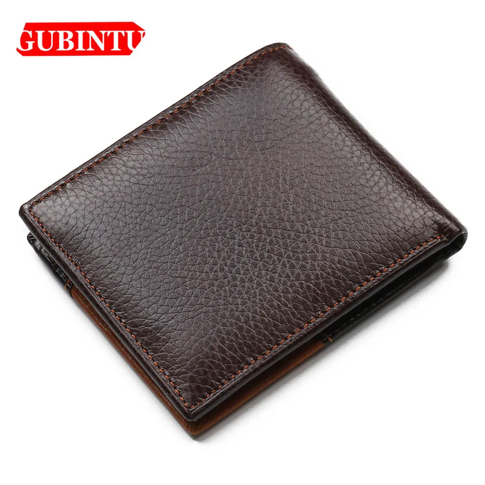 GUBINTU-billeteras de piel de vaca auténtica para hombre, tarjetero de diseño corto, monedero de bolsillo, cartera masculina de marca de alta calidad