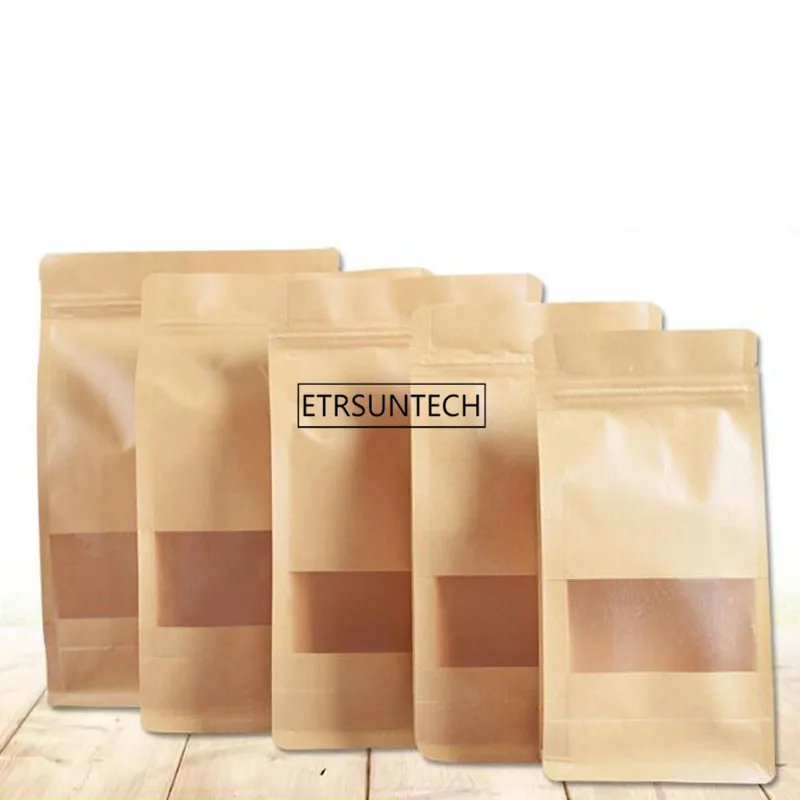 

Brown Doypack Kraft Paper Package Bags Clear Window Design Self Sealing Zipper Bag for Food Nuts Snacks Storage Pouches