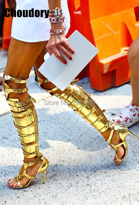 

Hot selling Summer newest gold cut-outs gladiator boots sexy buckle strap knee high boots black silver gold sandal boots