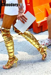 Hot selling Summer newest gold cut-outs gladiator boots sexy buckle strap knee high boots black silver gold sandal boots