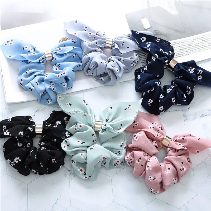 Ruoshui Lovely Rabbit Scrunchies Woman Printed Floral Hair Ties Girls Elastic Hair Rubber Bands Haar Accessories Ponytail Holder