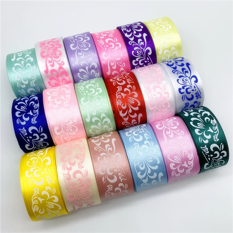 5yards/lot 1'' (25mm) Polyester Ribbon Printing Flower Satin Ribbon For Hair Bow Party Christmas Wedding Decoration