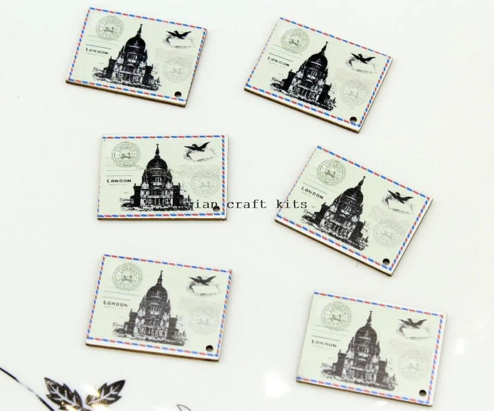 200pcs wood postage Stamps Cute Black and white Stamps Wooden mini postcard pendant charm 30mm