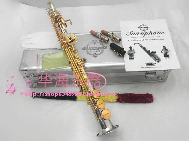 SUZUKI New Arrival White copper body gold key straight tube split Soprano Saxophone b flat Saxofone Top Musical Instruments