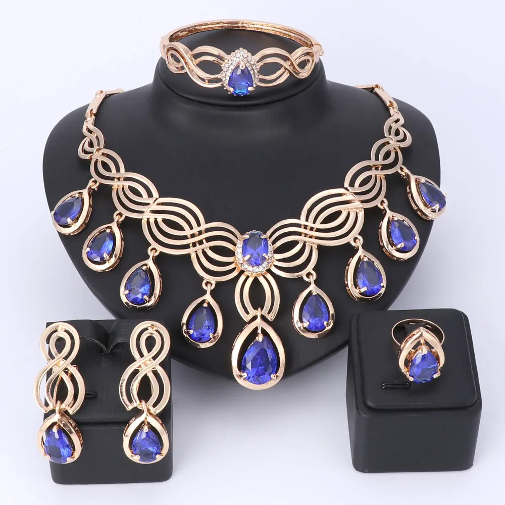 Top Exquisite Dubai Tassel Gem Jewelry Set Luxury Gold Color Crystal Necklace Big Nigerian Wedding African Beads Jewelry Sets