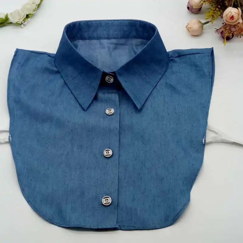 

2021 Women Cotton Denim Velvet Cardigan Button Fake Collar Half Shirt Lady Peter Pan Leopard Detachable False Collar Blouse Tops