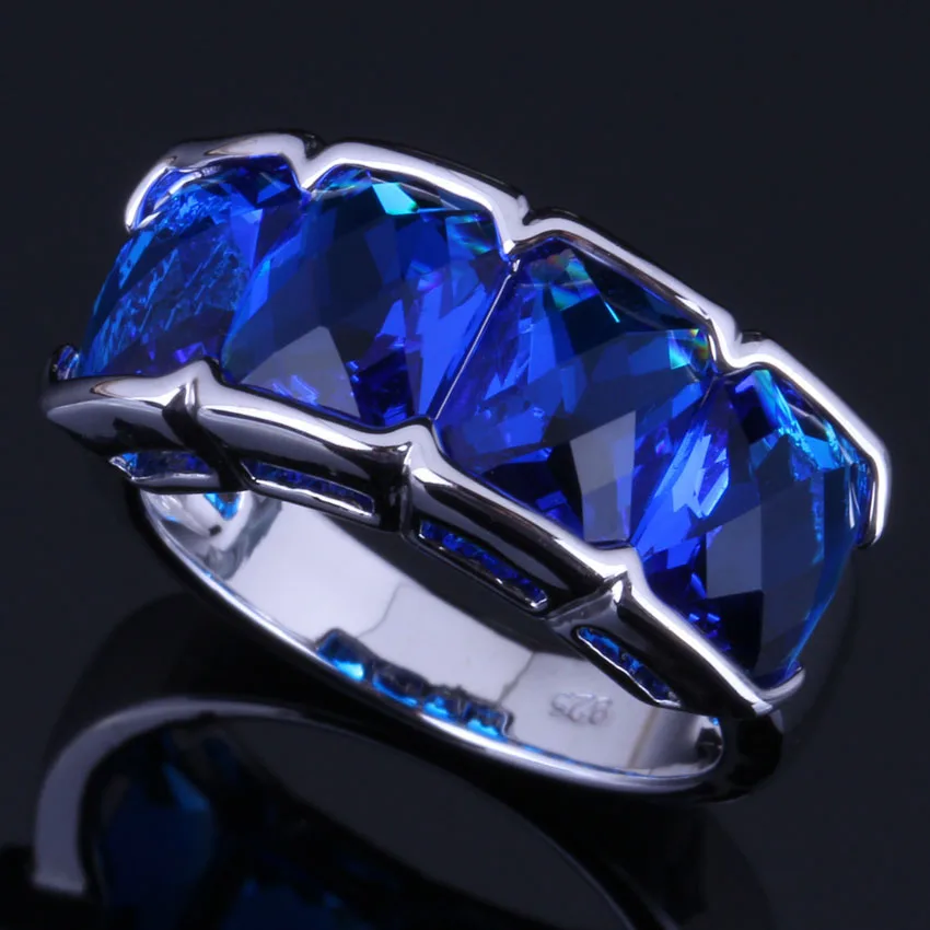 Excellent Blue Cubic Zirconia Silver Plated Ring V0623