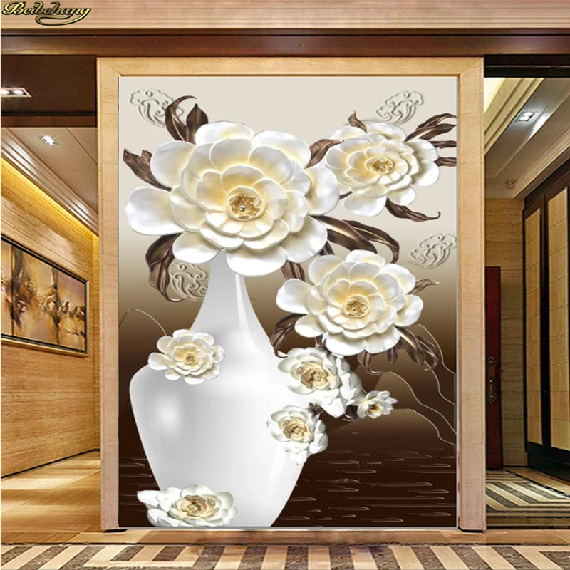 

beibehang Custom photo wallpaper mural embossed white Peony vase entrance wall wall papers home decor papel de parede 3d