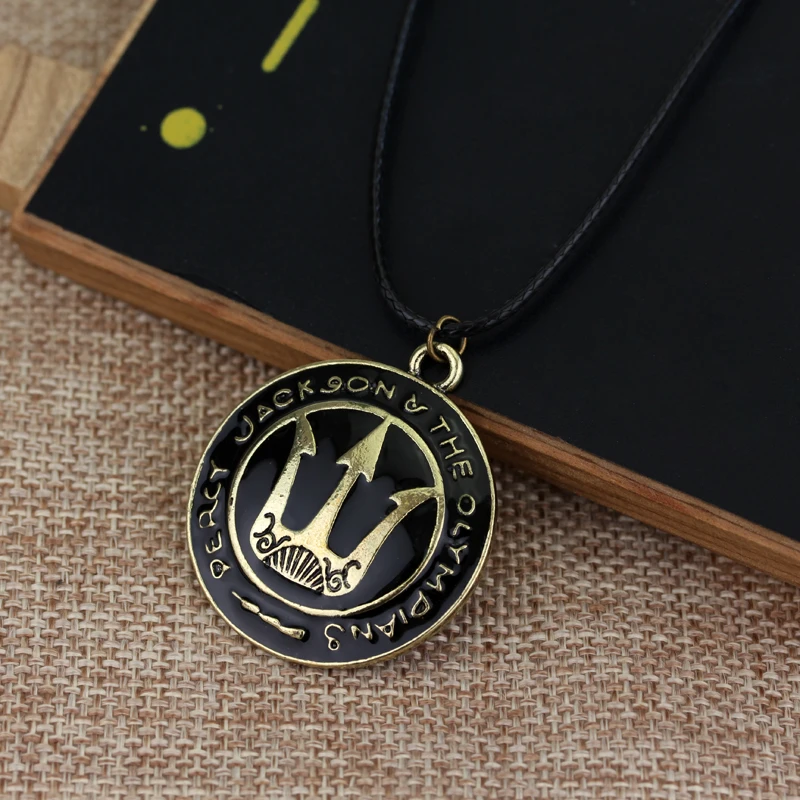 dongsheng Fashion Movie Jewelry Percy Jackson and the Olympians Trident Pendant Necklace Leather Rope Chain Round Metal Necklace