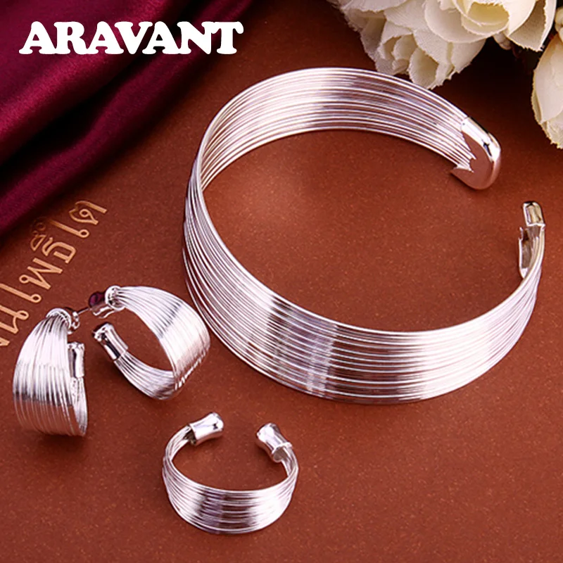 

Aravant 925 Silver Simple Multi Line Open Bracelet Bangle Rings Earring Set For Women Wedding Jewelry