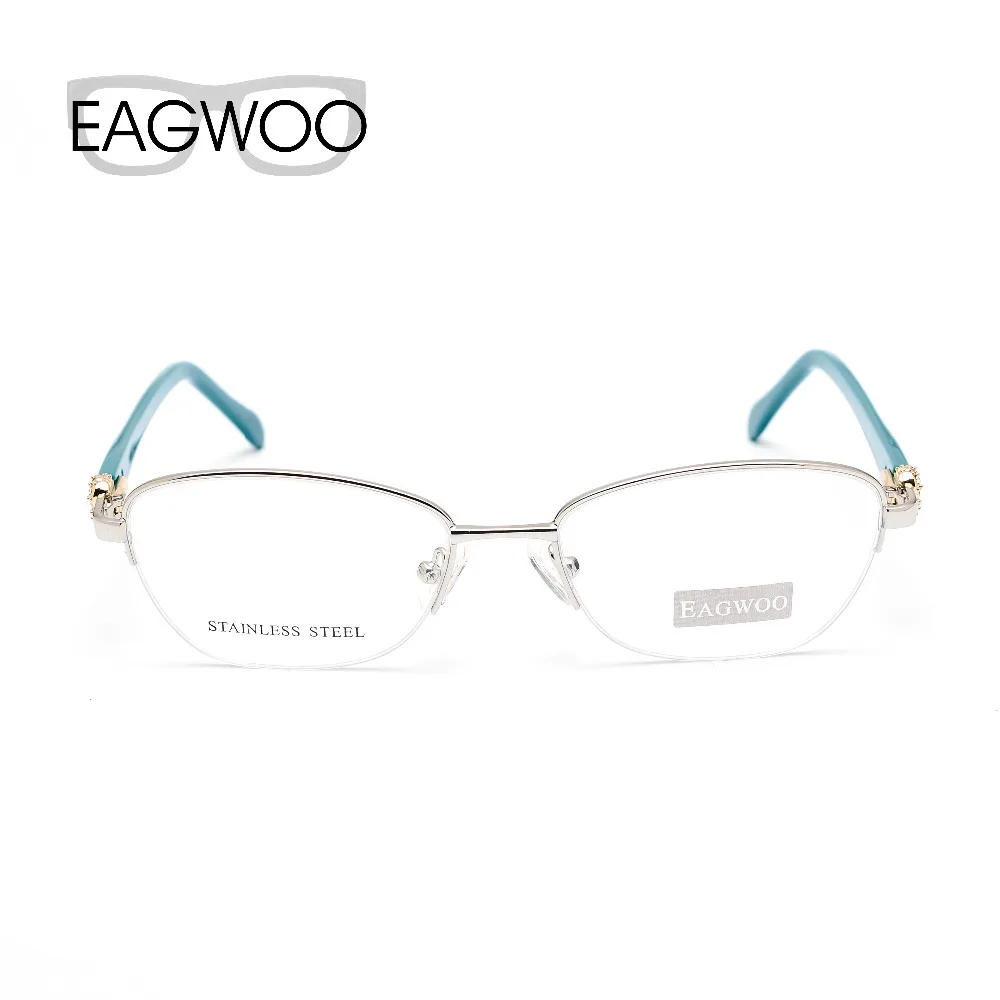 EAGWOO Women Vintage Designed Diamond Eyeglasses Half Rim Optical Frame Prescription Brand Eye Glasses Green Pink Blue 7815