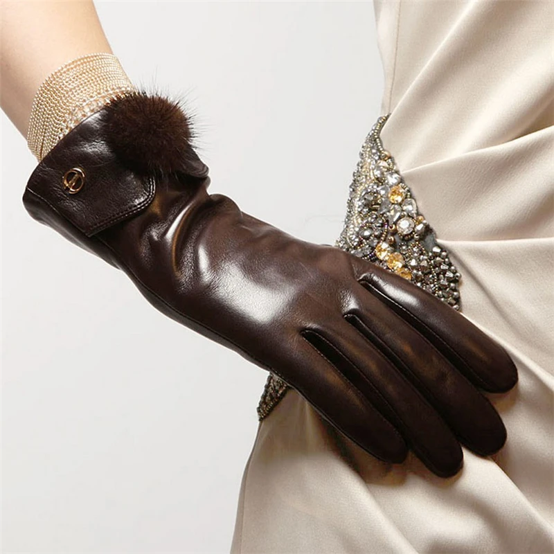 Brand Genuine Leather Gloves High Quality Women Sheepskin Glove Fashion Trend Rabbit Hair Ball Driving Leather Gloves EL029NC