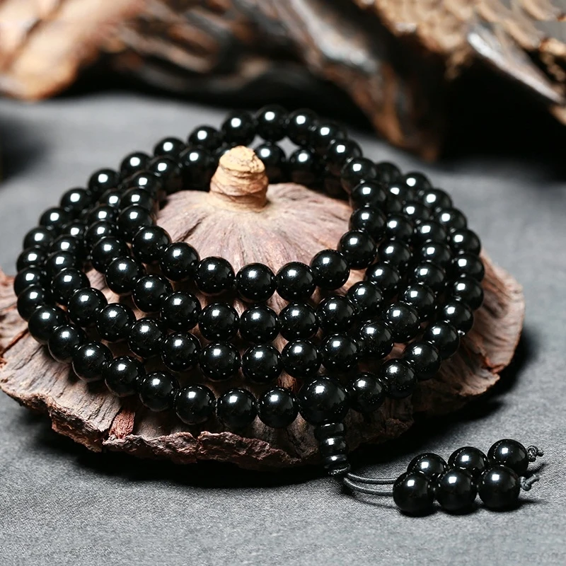 Natural Stone Bracelet Black Mens Obsidian Bracelets 108 Beads Buddha Rosary Buddhist  Stretch Bracelets 6mm 8mm Jewelry Women