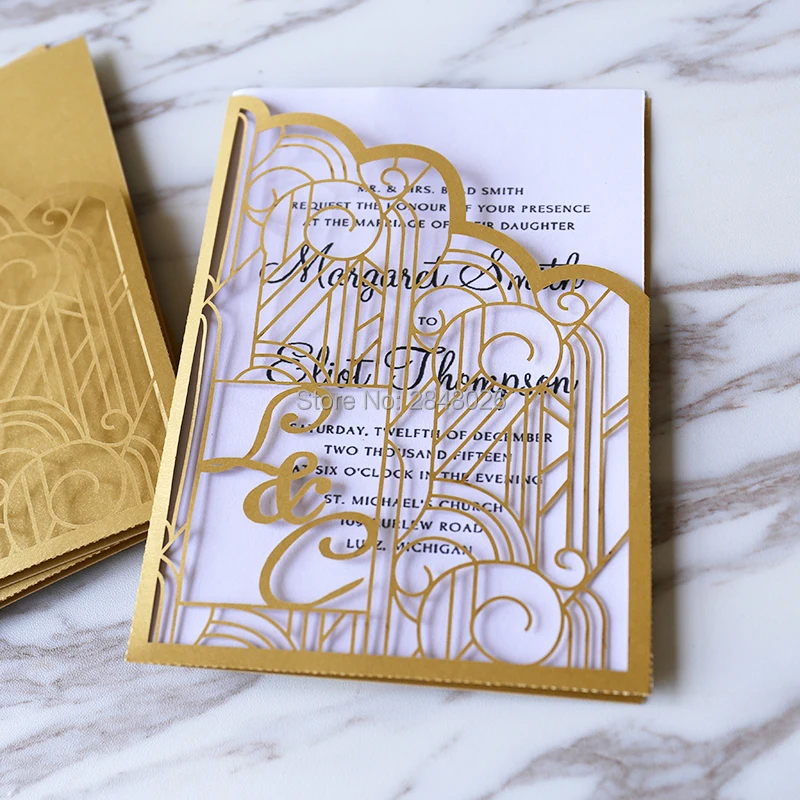 Personalized  Initials 50pcs Gold Gatefold Wedding Invitation,laser cut custom invitations, personalized greeting card