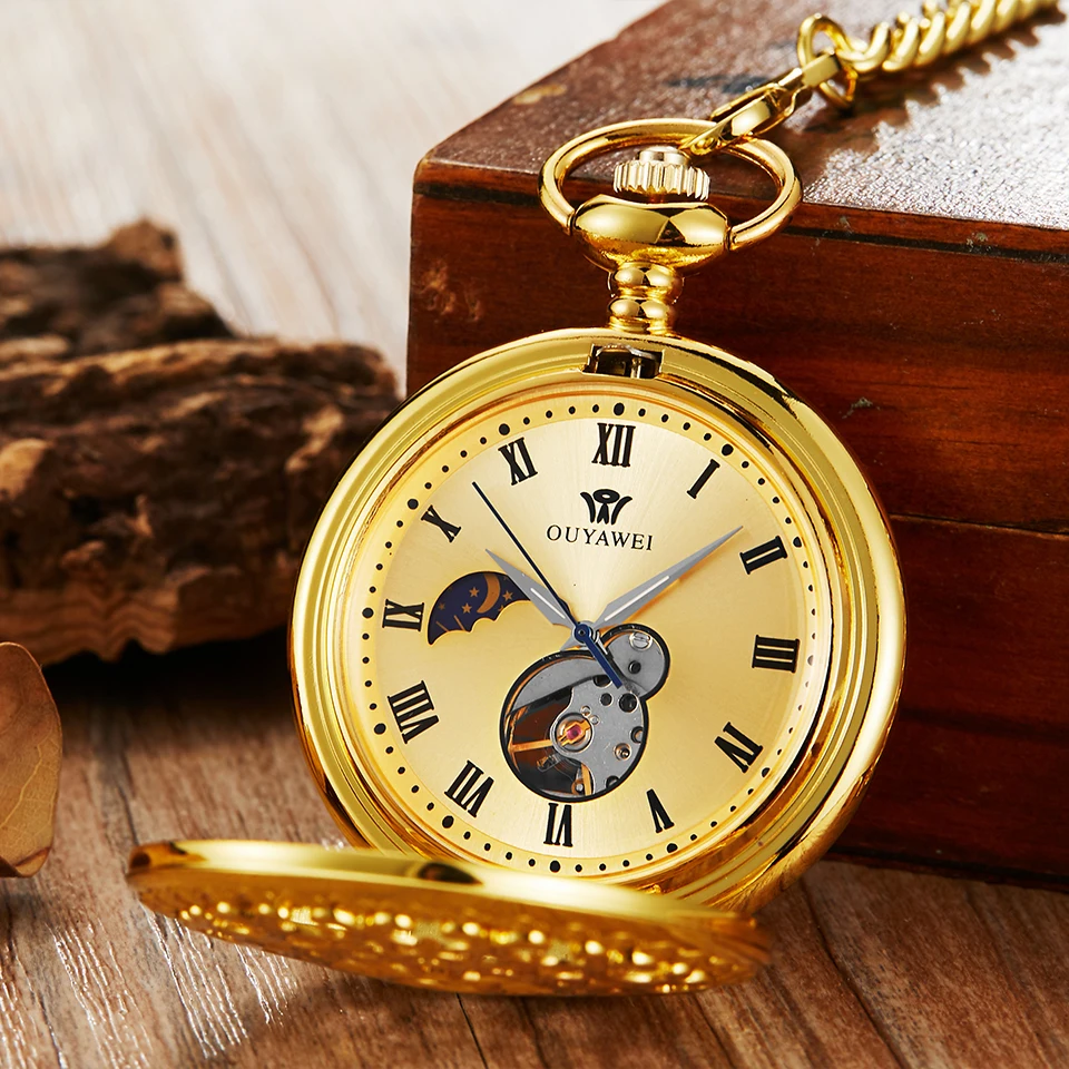 Luxury Mechanical Pocket Watch Hand Wind Fob Watches Roman Numerals Moon Shape Hollow Dial Skeleton Clock Chain for Men & Women