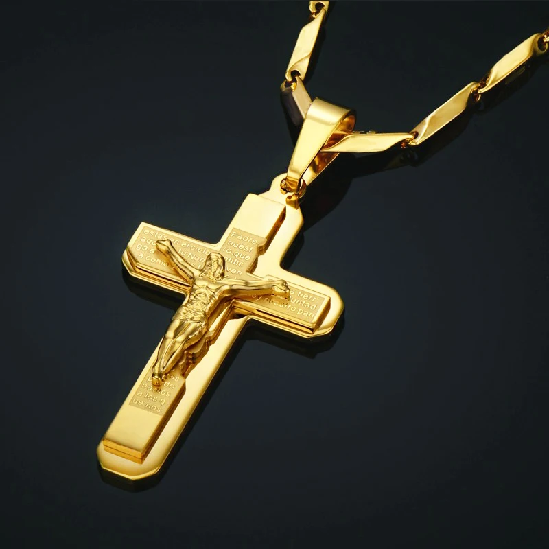 Religious Jesus Cross Necklace Pendant For Men Gold Color Stainless Steel Crucifix Necklaces Male Christian Jewelry Dropshipping