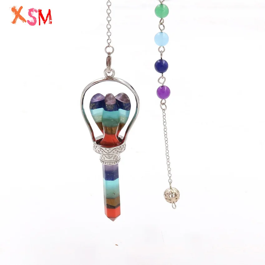 xinshangmie Chakra Hexagon Prism Angel Scepter Pendant Reiki Charm Healing Layered Pendulum Pendant With Chakra Beads Chain 1pcs