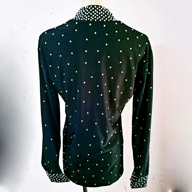 Latin Dance Shirts Men Black Long Sleeve Sequin Diamond Tops Male Ballroom Shirt Competition Performance Wear Customize DN2370