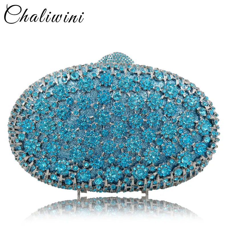 Chailiwin New Dazzling Women Blue Metal Clutches Flower Minaudiere Handbags Purses Diamond Evening Wedding Cocktail Clutch Bag