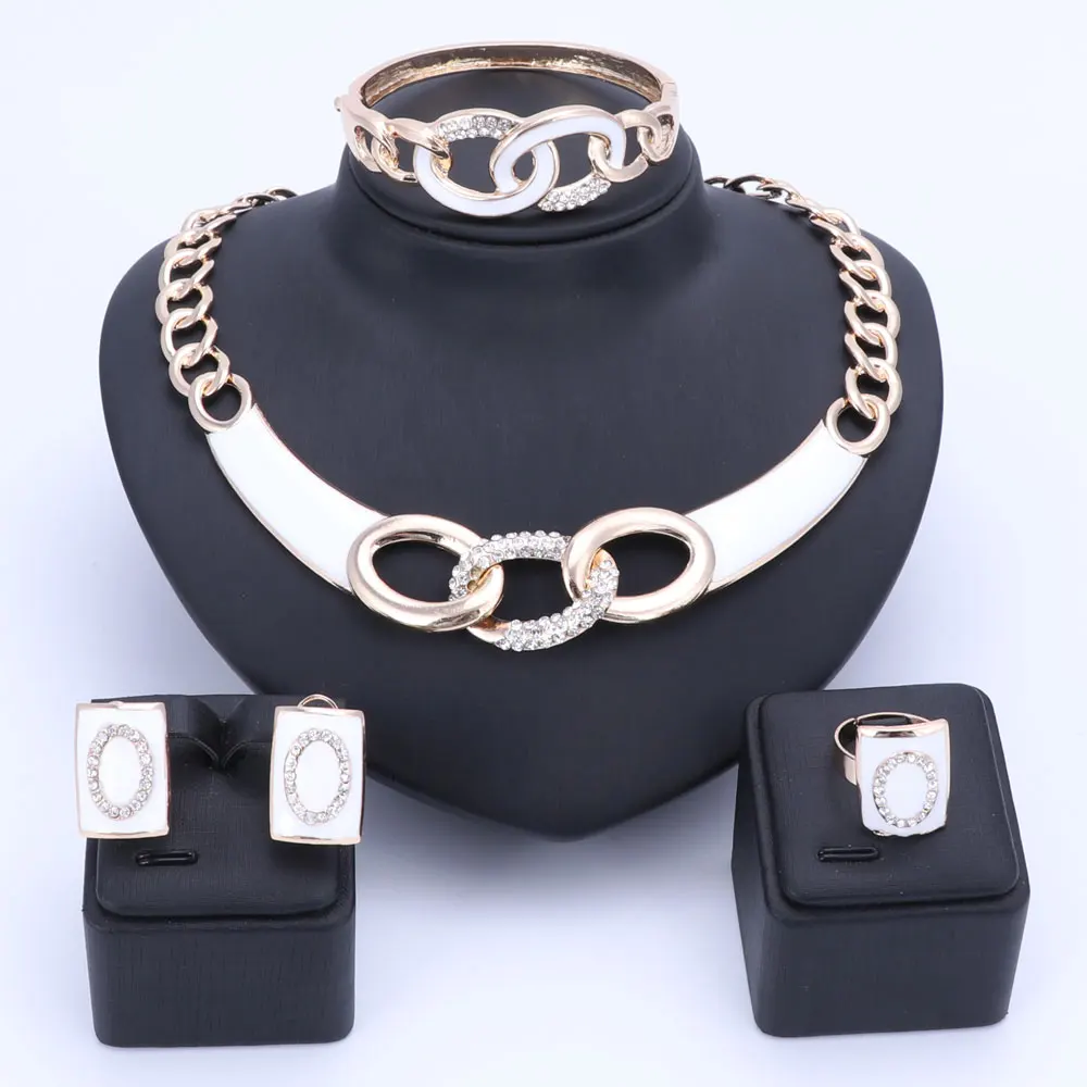 

Women Gold Color Enamel Crystal African Beads Necklace Bangle Earring Ring Saudi Party Bridal Decoration Jewelry Set