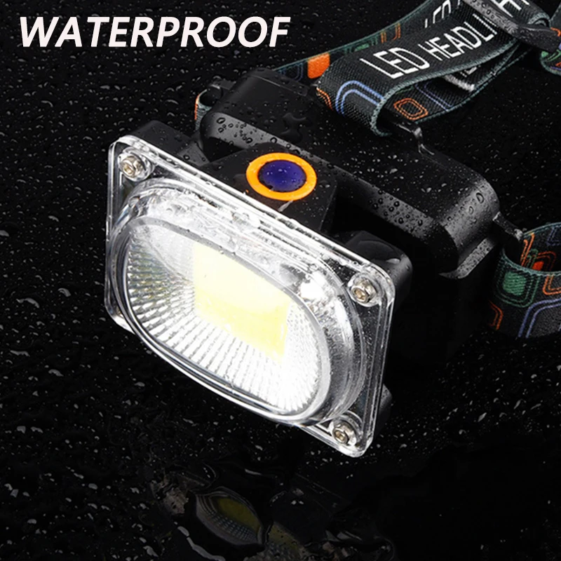 Power COB LED Headlight Headlamp DC Rechargeable Head Lamp Torch 3-Mode 18650 Battery Waterproof Hunting Fishing Lighting