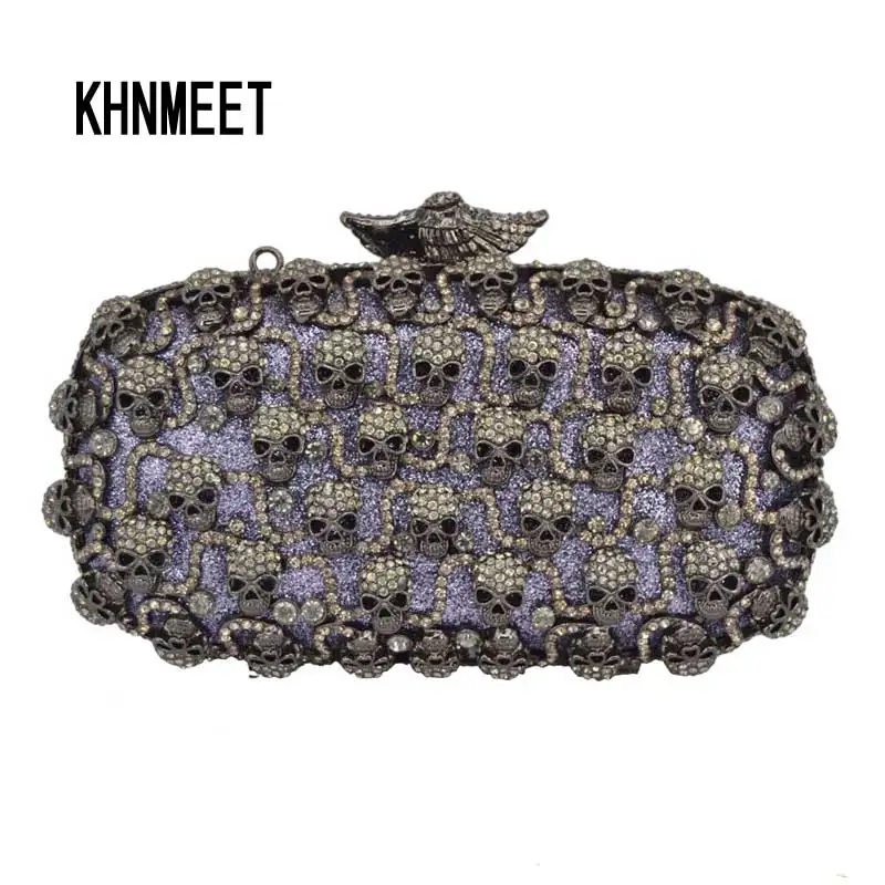 Grey Gold Skull Crystal Evening Bag Purse Party Women Dinner Handbag Diamond Prom Purse Ladies Clutch Bag handbags sc456