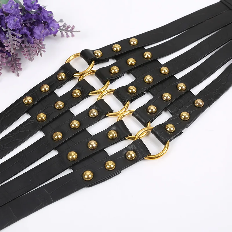 Fashion Self Tie Wide Belts belt Elastic slim corset body shaper black faux leather retro Punk Rivet Waist belt Cummerbund