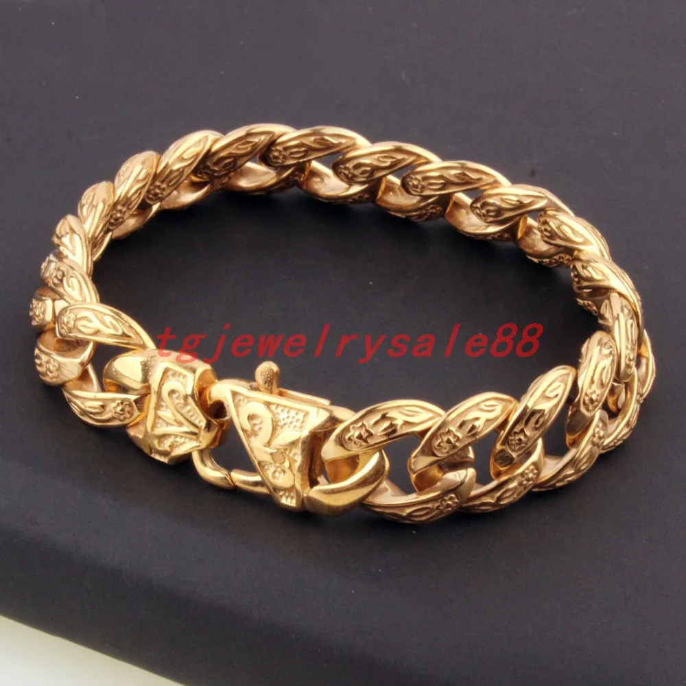 Popular Biker Men\'s 15mm Wide Gold Color Stainless Steel Curb Cuban Link Chain Casting Bracelet Jewelry Flower Clasp 9\