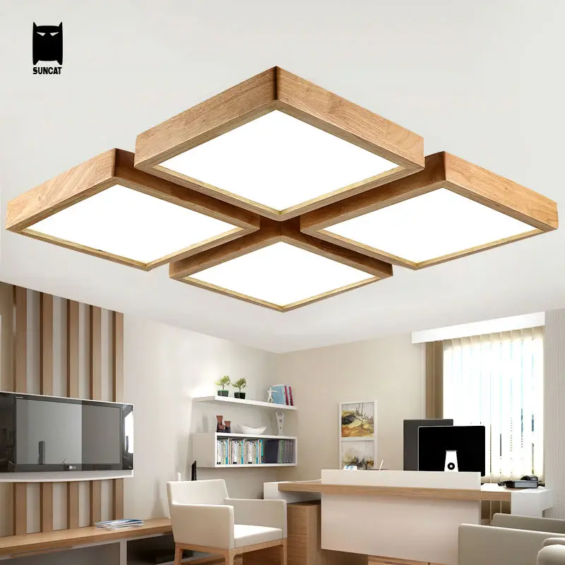 LED Square Oak Wood Acrylic Ceiling Light Fixture Modern Nordic Japan Dimmable Plafon Lamp Luminaria Living Room Bedroom Kitchen