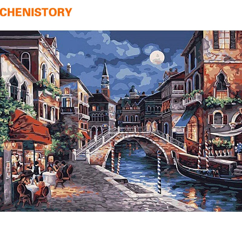 

CHENISTORY Traditional Moonlight Town DIY Painting By Numbers Kit Acrylic Paint By Yourselve With Frame For Unique Wall Gift